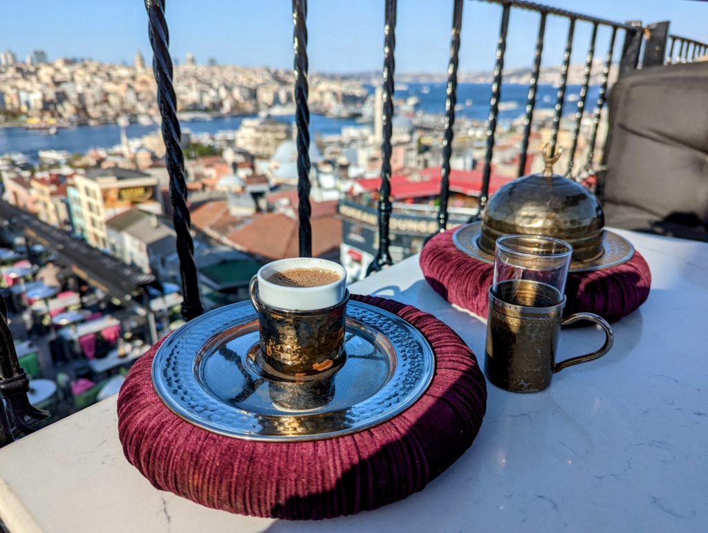Turkish Coffee at Kubbe-i-Ask in Istanbul with view over Bosphorus river