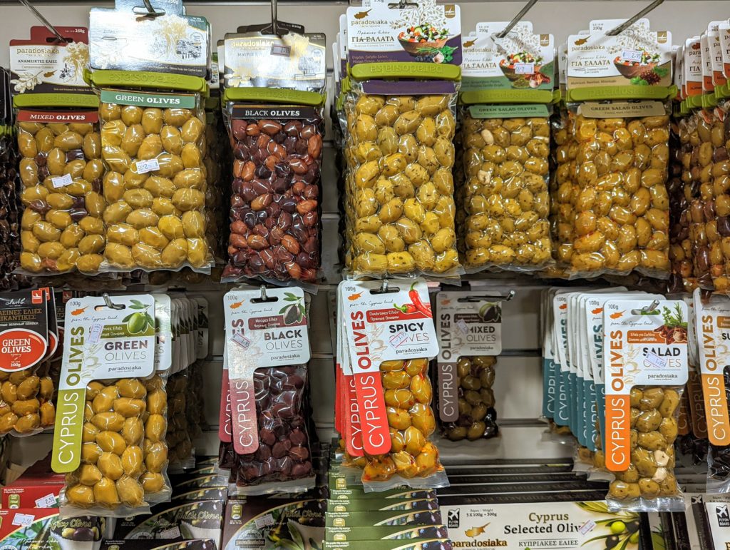 Packaged olives in Cyprus supermarket