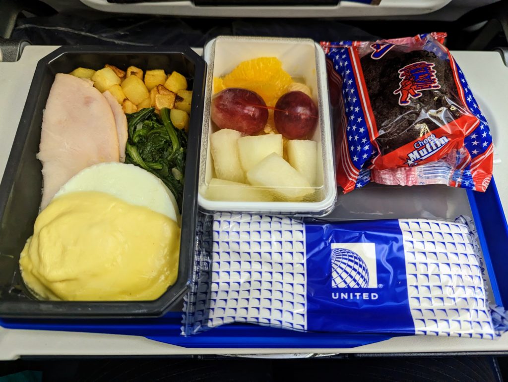 United Airlines in-flight meal including egg, fresh fruit and a chocolate muffin