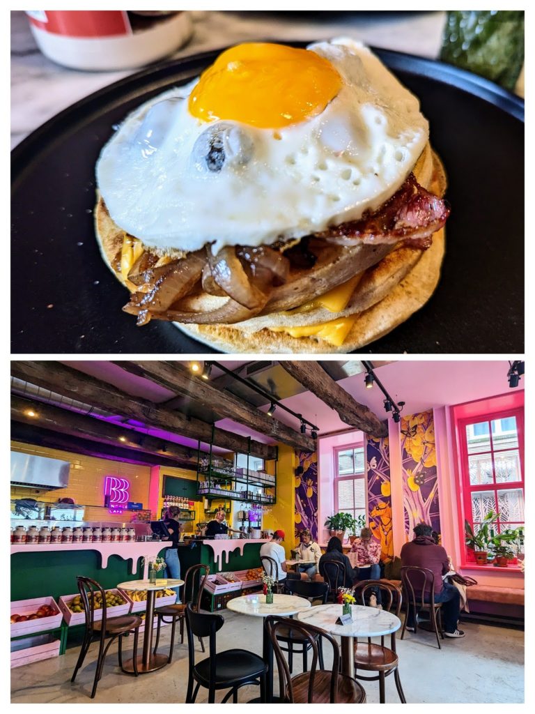 The Blue Banana Pancake Cafe in Groningen with one pancake showing with an egg on top and the interior of the cafe